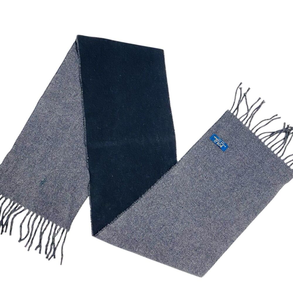 POLO RALPH LAUREN Scarf Black Gray REVERSIBLE Lambswool Logo Pony 66x9.5